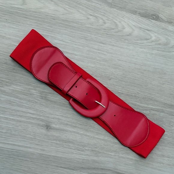 Accessories - Wide Red Elastic Waist Belt with Round Buckle